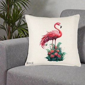 Perna Decorativa Flamingo cu Trandafiri Tropicali, 40x40 cm, Crem Reliefat, Husa Detasabila, Perna Inclusa, BEKZ®