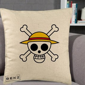 Perna Personalizata One Piece Jolly Roger Straw Hat Pirates, 40x40 cm, Bej, Husa Detasabila, Perna Inclusa, BEKZ®