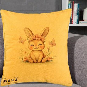 Perna Decorativa Iepuras cu Coronita Florala Roz, 40x40 cm, Galben, Husa Detasabila, Perna Inclusa, BEKZ®