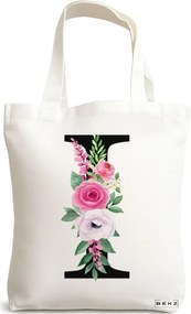Sacosa de Panza pentru Cumparaturi, Geanta Tote, Cu litera I si Trandafiri, 38x34.5 cm, Alba, BEKZ®