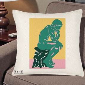 Perna Decorativa Ganditorul Sculptura Pop Art, 40x40 cm, Crem Reliefat, Husa Detasabila, Perna Inclusa, BEKZ®