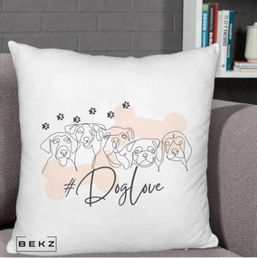 Perna Personalizata Dog Love Linie Minimalista, 40x40 cm, Alb Pufos, Husa Detasabila, Perna Inclusa, BEKZ®