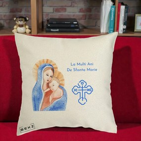 Cadou de Onomastica - Perna Personalizata Sfanta Marie Icoana Acuarela, 40x40 cm, Ecru, Husa Detasabila, Perna Inclusa, BEKZ®