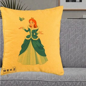Perna Personalizata Printesa Albastra cu Pasare, 40x40 cm, Galben, Husa Detasabila, Perna Inclusa, BEKZ®