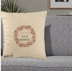 Cadou pentru Bunica - Perna Personalizata Cea Mai Buna Bunica Coronita Flori Roz, 40x40 cm, Bej, Husa Detasabila, Perna Inclusa, BEKZ®