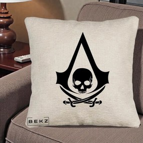 Perna Personalizata Assassin's Creed Black Flag Skull, 40x40 cm, Bej Canapea, Husa Detasabila, Perna Inclusa, BEKZ®