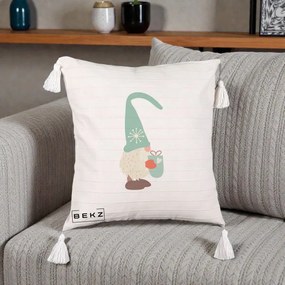 Perna Decorativa Gnom Nordic cu Cana Calda Menta, 40x40 cm, Bej cu Franjuri, Husa Detasabila, Perna Inclusa, BEKZ®