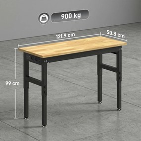 HOMCOM Masă de Lucru Reglabilă 122 cm, Blat Robust din Lemn de Cauciuc, 2 Prize AC și 2 Porturi USB, Panou Perforat, Capacitate 900 kg, pentru Garaj, Atelier și Casă | Aosom Romania