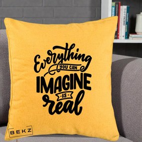 Perna Decorativa Everything You Can Imagine Is Real, 40x40 cm, Galben, Husa Detasabila, Perna Inclusa, BEKZ®