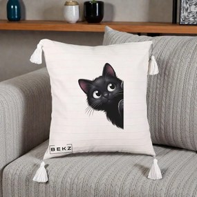 Perna Decorativa Pisica Neagra Dragalasa Curioasa, 40x40 cm, Bej cu Franjuri, Husa Detasabila, Perna Inclusa, BEKZ®