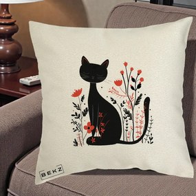 Perna Decorativa Pisica Neagra Flori Rosii Folk Minimal, 40x40 cm, Ecru, Husa Detasabila, Perna Inclusa, BEKZ®