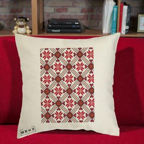 Perna Personalizata Motiv Traditional Ie Romaneasca Rosu, 40x40 cm, Ecru, Husa Detasabila, Perna Inclusa, BEKZ®
