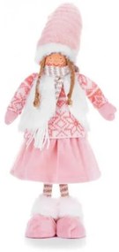 Decoratiune iarna, fata cu caciula si fular in dungi, roz si alb, 22x12x68 cm