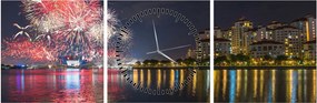 Tablou cu artificii in Singapur (cu ceas) (90x30 cm)