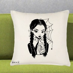Perna Personalizata Wednesday cu Panza de Paianjen, 40x40 cm, Crem Reliefat, Husa Detasabila, Perna Inclusa, BEKZ®
