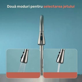 Baterie de Bucătărie, din Inox, Finisaj Satinat, Structură Alamă Turnată, Furtun Flexibil, 2 Jeturi de Apă, Rotire 360°