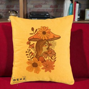 Perna Decorativa Fata Ciuperca Florala Boho, 40x40 cm, Galben, Husa Detasabila, Perna Inclusa, BEKZ®