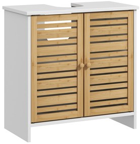 HOMCOM Birou sub vas de baie cu 2 usi etajera reglabila dulap de depozitare pentru chiuveta 60x30x60 cm bambus alb | Aosom Romania