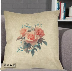 Perna Decorativa Trandafiri Roz cu Floricele Albastre, 40x40 cm, Crem, Husa Detasabila, Perna Inclusa, BEKZ®
