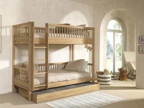 Set Pat Supraetajat Forrest Oak pentru Camera Copii, 90x200 cm, cu Sertar Pat, din Lemn Masiv de Stejar, Natur – Vipack