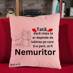 Cadou pentru Tata - Perna Personalizata Tata Nemuritor Baietel, 40x40 cm, Roz, Husa Detasabila, Perna Inclusa, BEKZ®