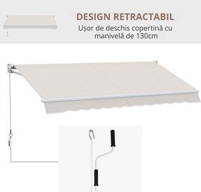 Outsunny Copertină Manuală pentru Soare, Cadru din Aluminiu și Poliester, Protecție UV, 200x295 cm, Alb Crem | Aosom Romania