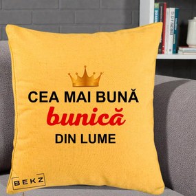 Cadou pentru Bunica - Perna Personalizata Cea Mai Buna Bunica Din Lume Coroana Aurie, 40x40 cm, Galben, Husa Detasabila, Perna Inclusa, BEKZ®