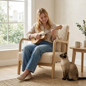 HOMCOM Fotoliu lounge - 3 perne incluse - șezut adânc - cotiere - structură lemn hévéa - aspect catifea bej | Aosom Romania