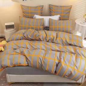 Lenjerie de pat cu elastic, policoton, pat 2 persoane, gri / portocaliu, 4 piese, E-64