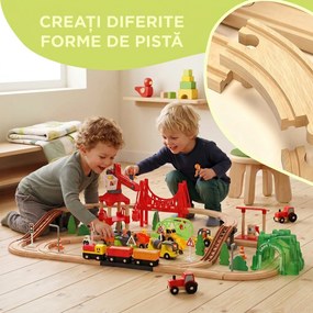 AIYAPLAY Trenuleț din lemn pentru copii 3+ ani, 91 piese, cu macara, șine, vehicule și figurine, multicolor | Aosom Romania