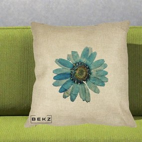 Perna Decorativa Floare Margareta Albastra Acuarela, 40x40 cm, Crem, Husa Detasabila, Perna Inclusa, BEKZ®