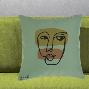 Perna Decorativa Portret Abstract Line Art Portocaliu, 40x40 cm, Verde, Husa Detasabila, Perna Inclusa, BEKZ®