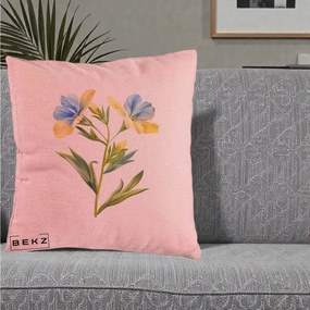 Perna Decorativa Botanica Frezie Galbena si Albastra, 40x40 cm, Roz, Husa Detasabila, Perna Inclusa, BEKZ®