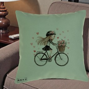Perna Decorativa Fetita Kawaii pe Bicicleta cu Trandafiri si Inimioare, 40x40 cm, Verde, Husa Detasabila, Perna Inclusa, BEKZ®