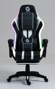 RESIGILAT- Scaun gaming HOFRE, boxe Bluetooth, sistem iluminare bandă LED RGB, masaj în perna lombară, suport picioare, PU, Negru/Alb