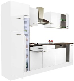 Mobilă de bucătărie Yorki 280, corp alb, față alb satinat, frigider cu congelator superior