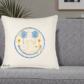 Perna Decorativa Smiley Face Tropical Albastru Glitter si Portocaliu, 40x40 cm, Crem Reliefat, Husa Detasabila, Perna Inclusa, BEKZ®