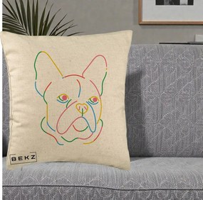 Perna Decorativa Bulldog Francez Line Art Curcubeu, 40x40 cm, Bej, Husa Detasabila, Perna Inclusa, BEKZ®