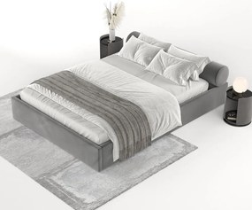 Pat matrimonial gri închis tapițat cu spațiu de depozitare cu somieră 180x200 cm Solvo – Maison de Rêve