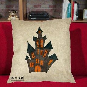 Perna Decorativa Halloween Casa Bantuita Minimalista, 40x40 cm, Crem, Husa Detasabila, Perna Inclusa, BEKZ®