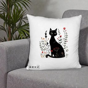 Perna Decorativa Pisica Neagra Botanica Rosu-Gri, 40x40 cm, Alb Pufos, Husa Detasabila, Perna Inclusa, BEKZ®