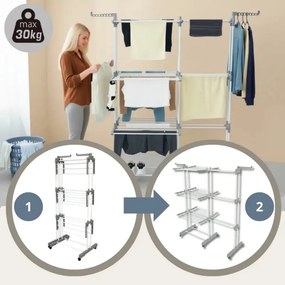 Uscător de rufe Kinghoff KH 2044, 30 m, până la 30 kg, 3 niveluri, roți, oțel, alb/gri