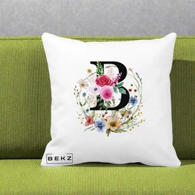 Cadou Personalizat - Perna Personalizata Monogram Litera B cu Flori Acuarela, 40x40 cm, Alba Mata, Husa Detasabila, Perna Inclusa, BEKZ®