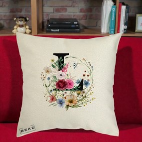 Cadou Personalizat - Perna Personalizata Monogram Litera L cu Flori Acuarela, 40x40 cm, Ecru, Husa Detasabila, Perna Inclusa, BEKZ®