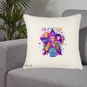 Perna Personalizata K-pop HUNTRX Trio cu Pisica Stele, 40x40 cm, Crem Reliefat, Husa Detasabila, Perna Inclusa, BEKZ®