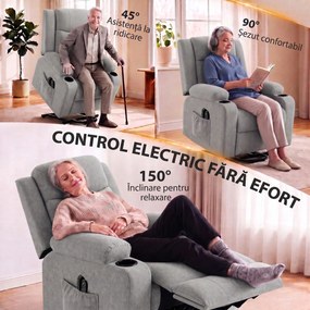 HOMCOM Fotoliu Electric cu Ridicare Asistată, Reclinabil, Încălzit, cu Masaj, Aspect In, 2 Telecomenzi, Gri Deschis | Aosom Romania