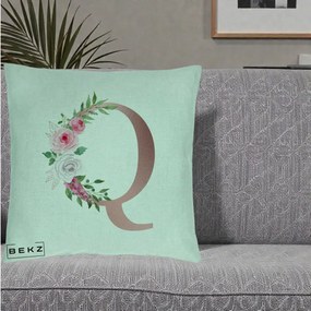 Cadou Personalizat - Perna Personalizata Monograma Rose Gold Litera Q, 40x40 cm, Verde Menta, Husa Detasabila, Perna Inclusa, BEKZ®