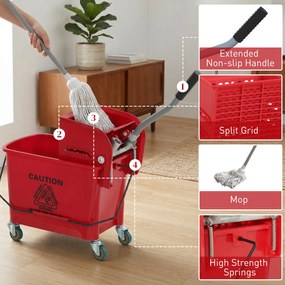 HOMCOM Găleată de mop cu stoarcător, panou separator și roți, capacitate 20 L pentru curățenie casnică 45x26,5x70 cm roșu | Aosom Romania