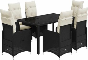 vidaXL Set bistro de grădină, 7 piese, cu perne, negru, poliratan