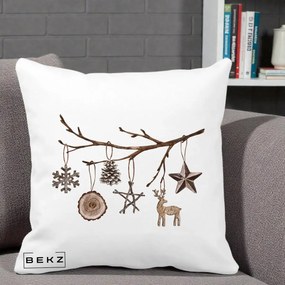 Perna Decorativa Ornamente de Lemn pe Ramura, 40x40 cm, Alba Mata, Husa Detasabila, Perna Inclusa, BEKZ®